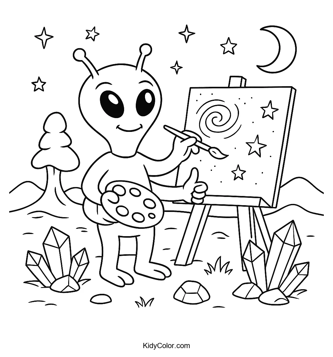 A galactic artist working in space coloring page.