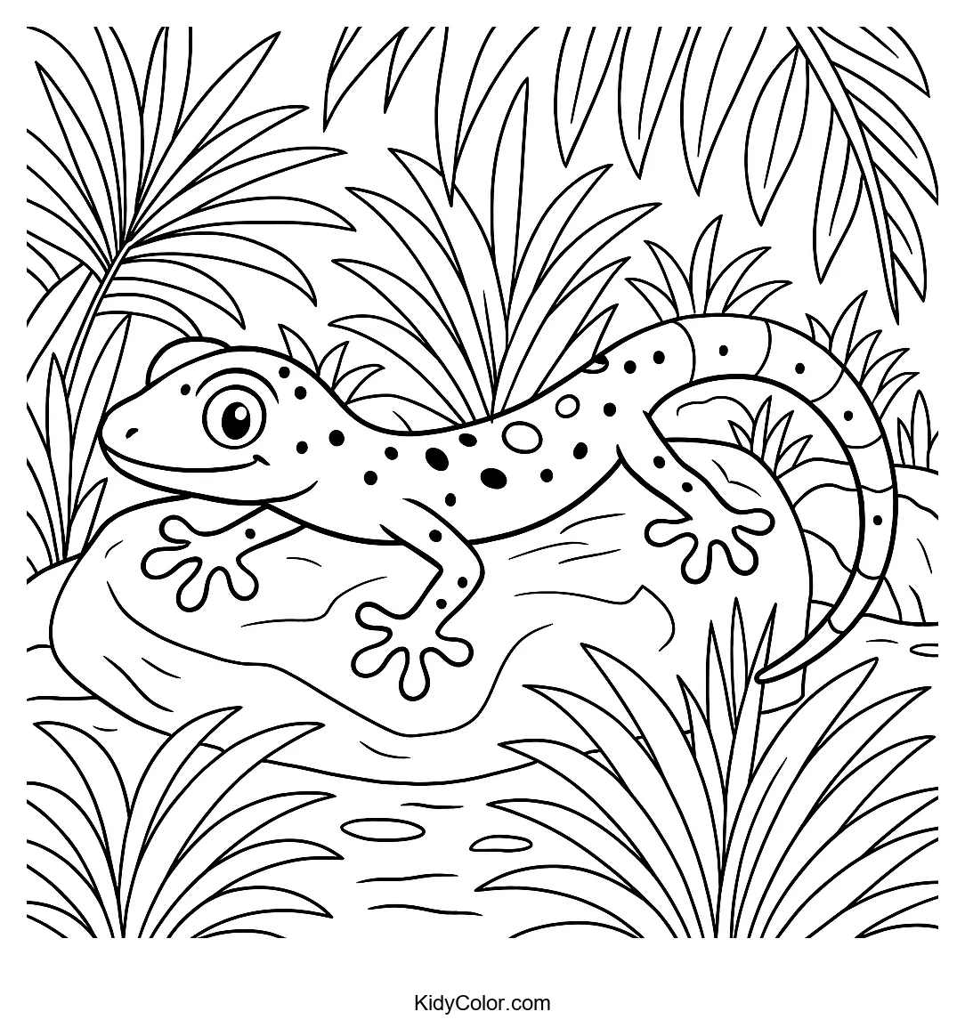 Coloring page of a gecko in a jungle habitat