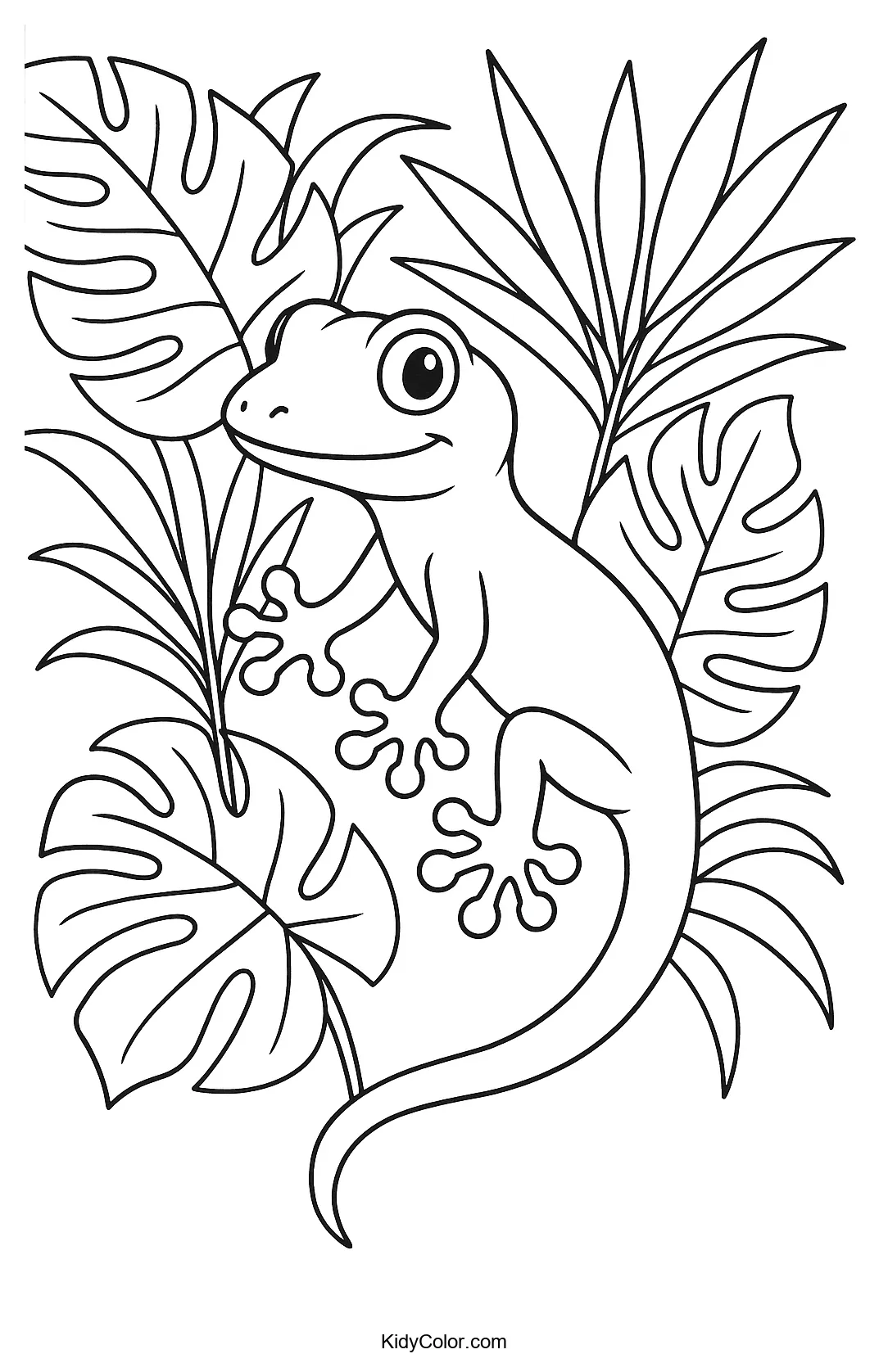 Gecko hidden in tropical leaves drawing for coloring.