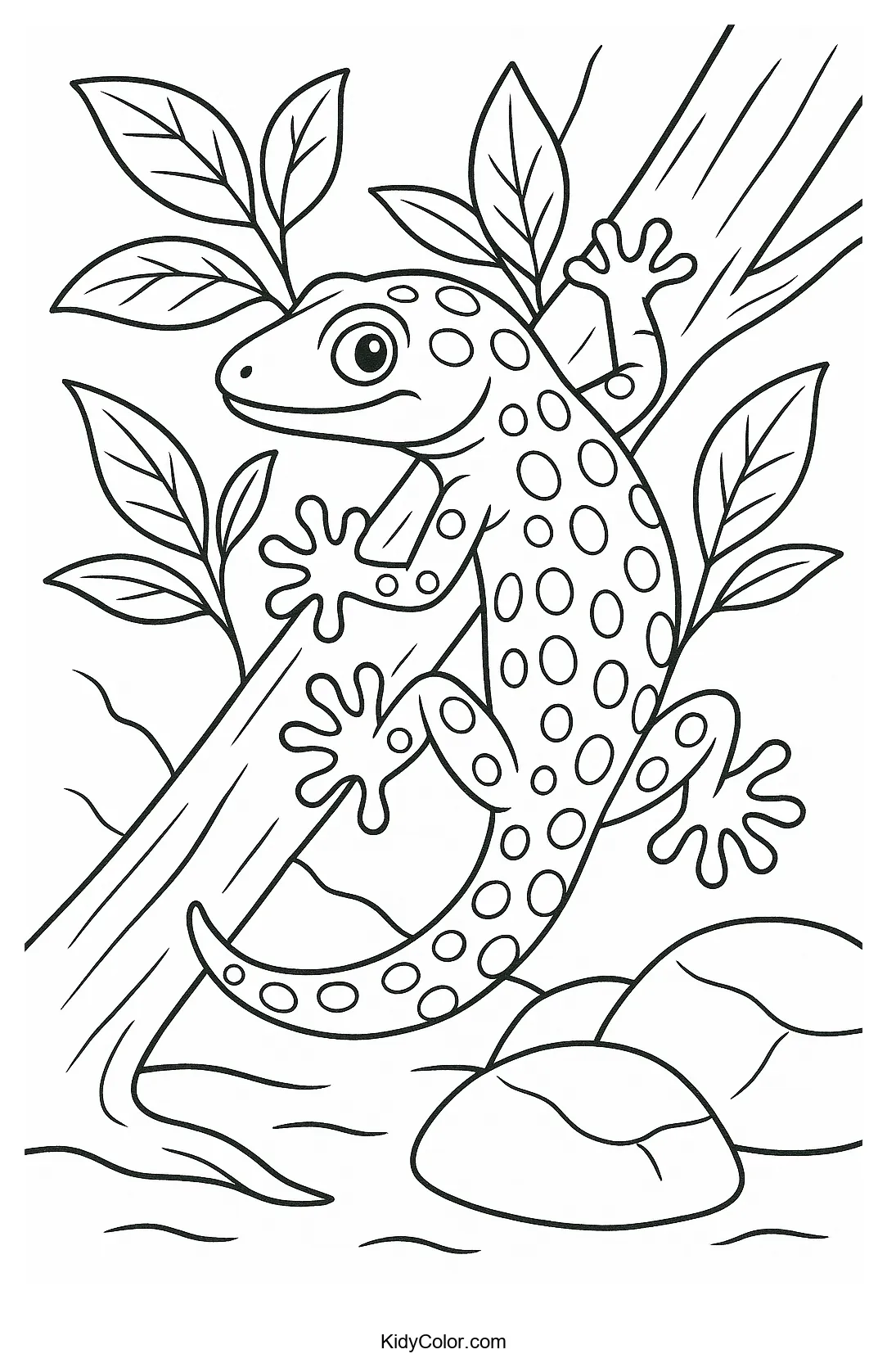 Gecko on a branch with leaves coloring page