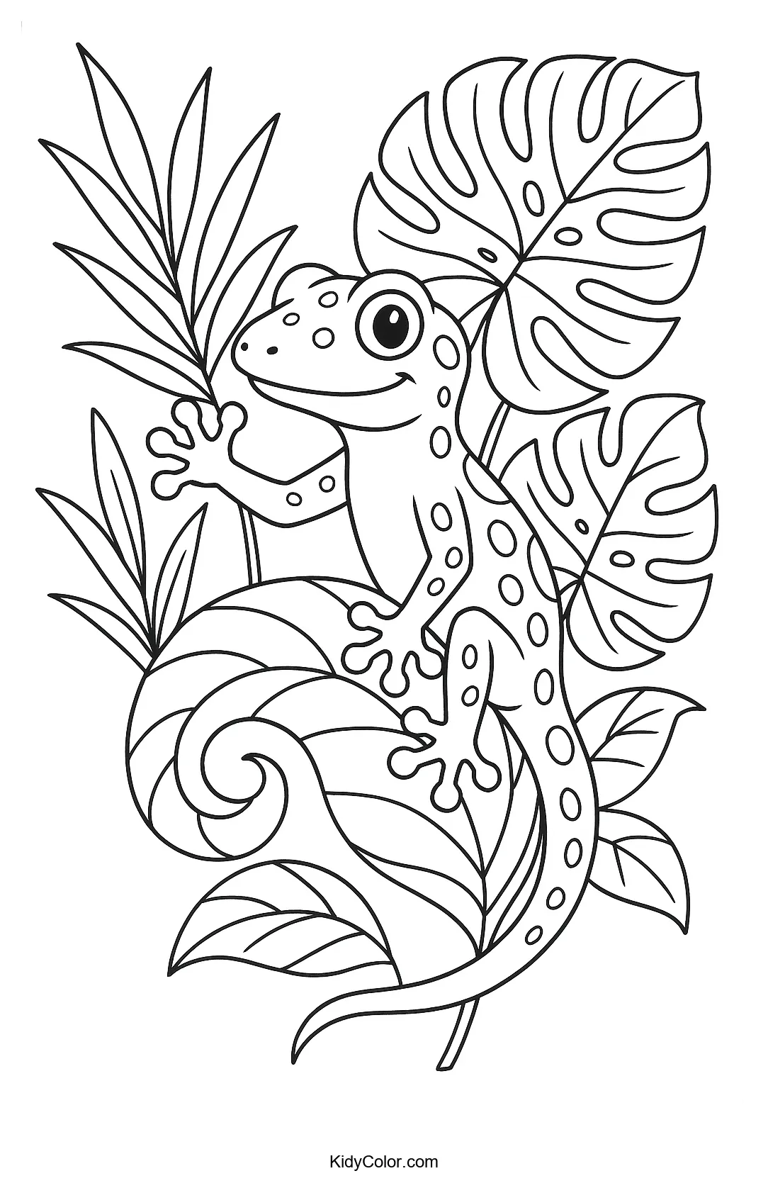 Gecko on a curling tropical leaf coloring page