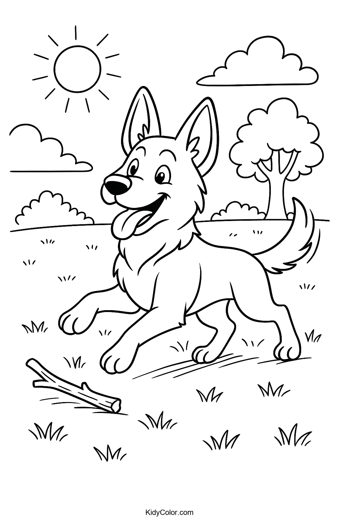 German Shepherd chasing a stick in the park