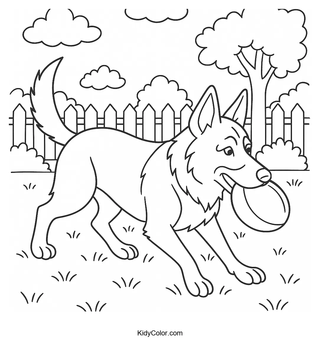 German Shepherd playing fetch in a garden