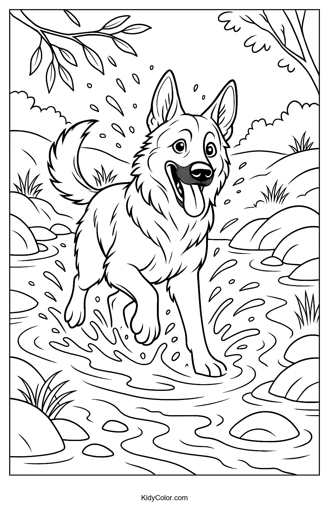 Coloring page of a German Shepherd splashing in a stream.