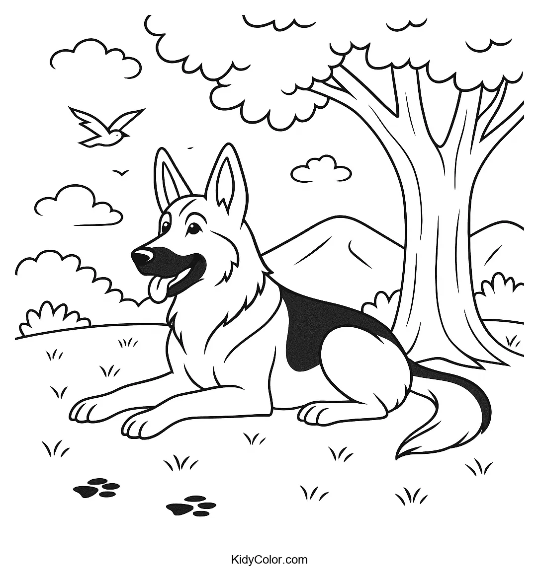 German Shepherd relaxing under a tree