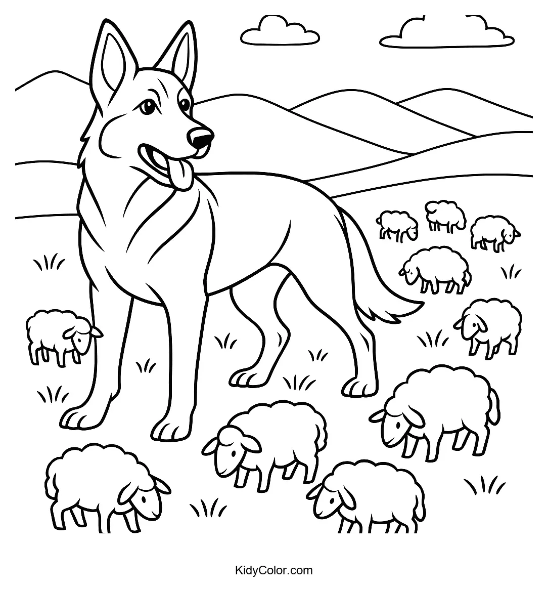 German Shepherd with sheep flock coloring page