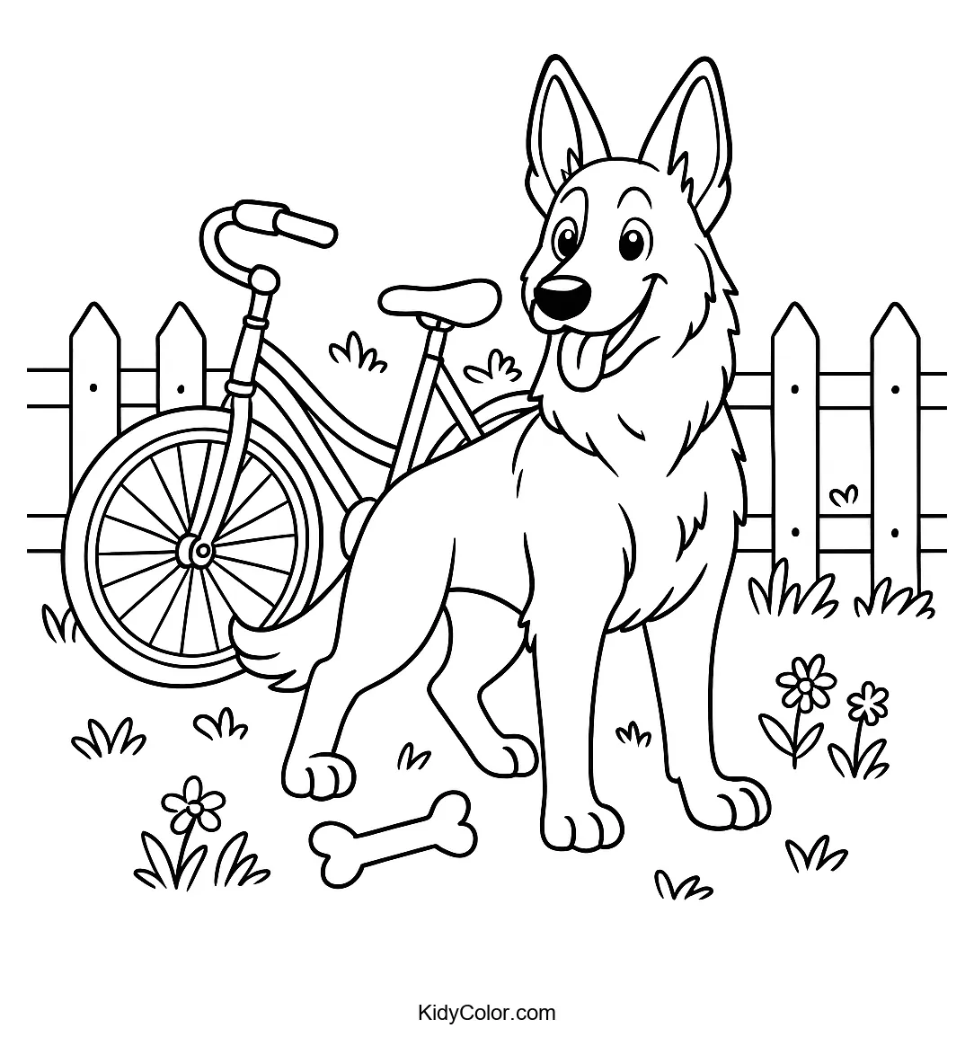 German Shepherd with a bicycle in a yard