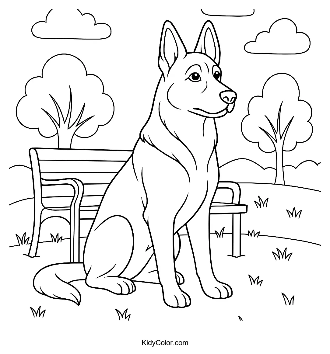 German Shepherd in a park setting coloring page