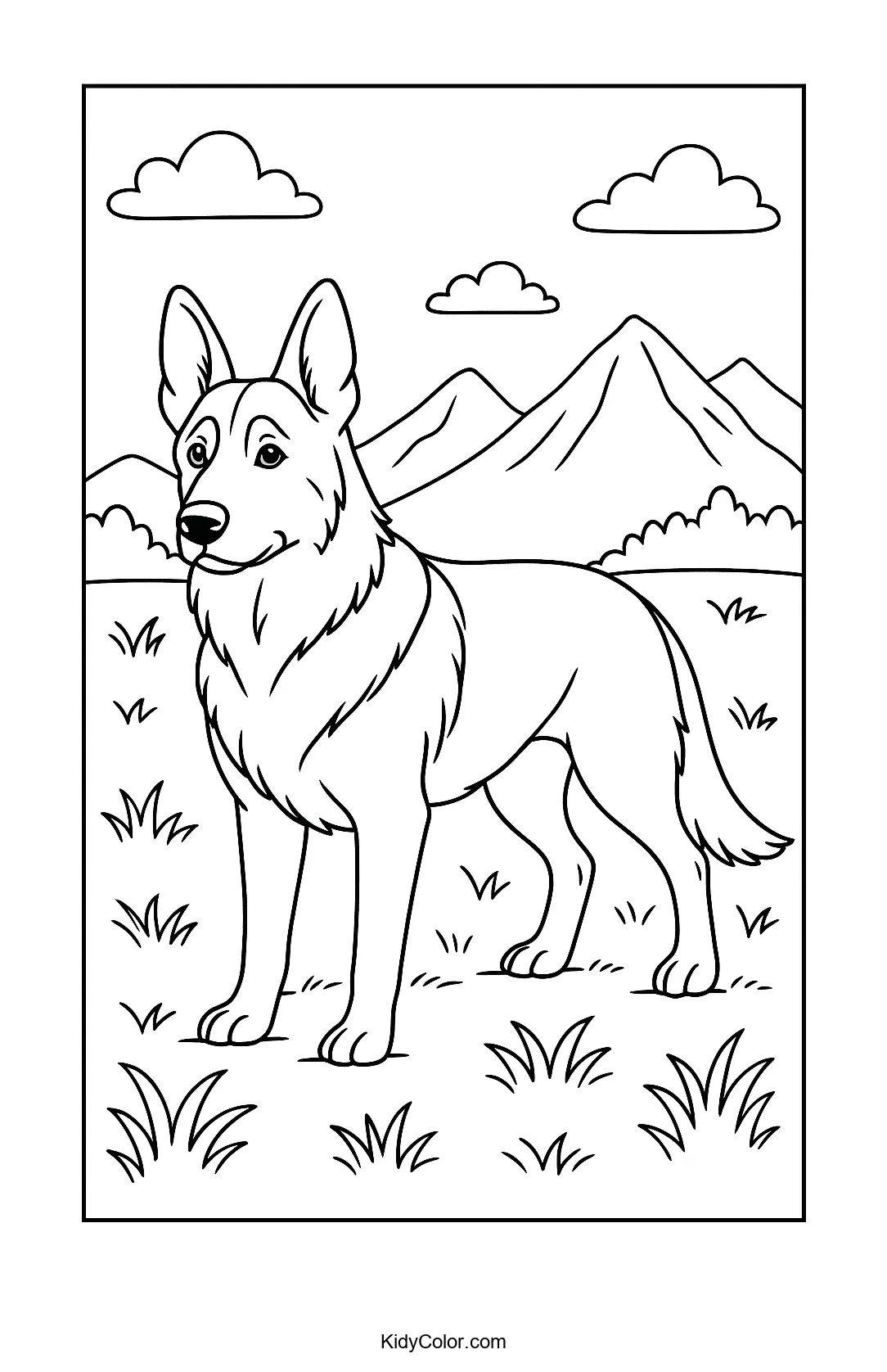 German Shepherd in a rural landscape coloring page