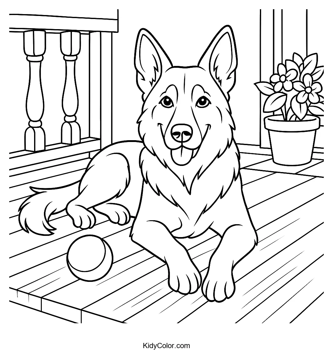 German Shepherd resting on a porch