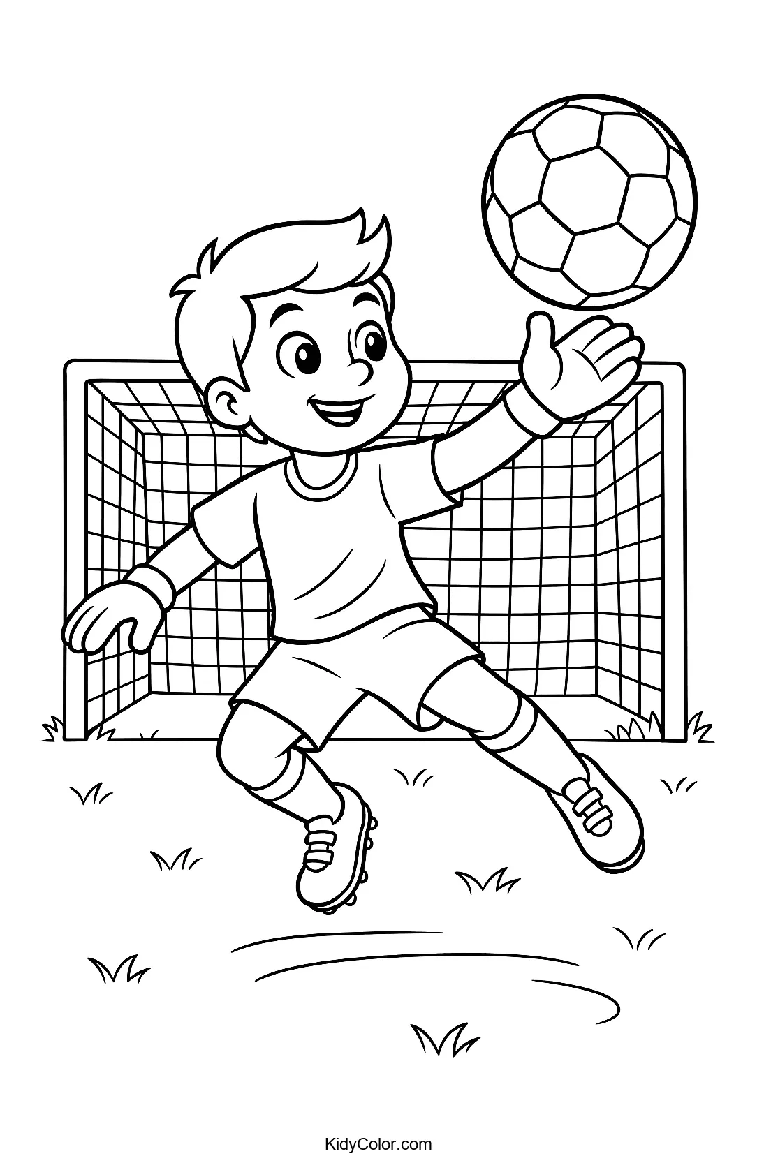 Soccer goalkeeper diving to save a goal coloring page