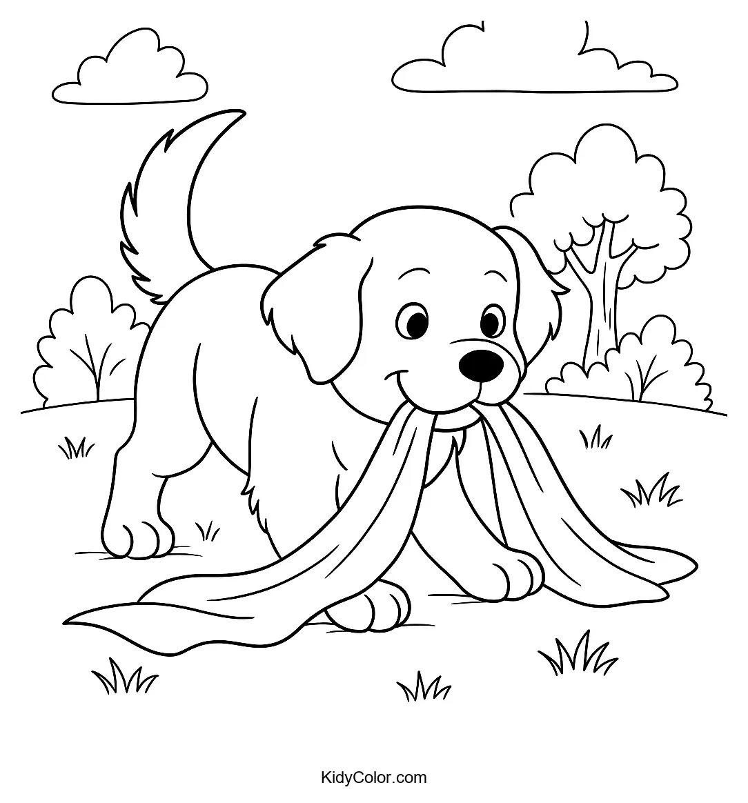 Golden Retriever puppy tugging a blanket