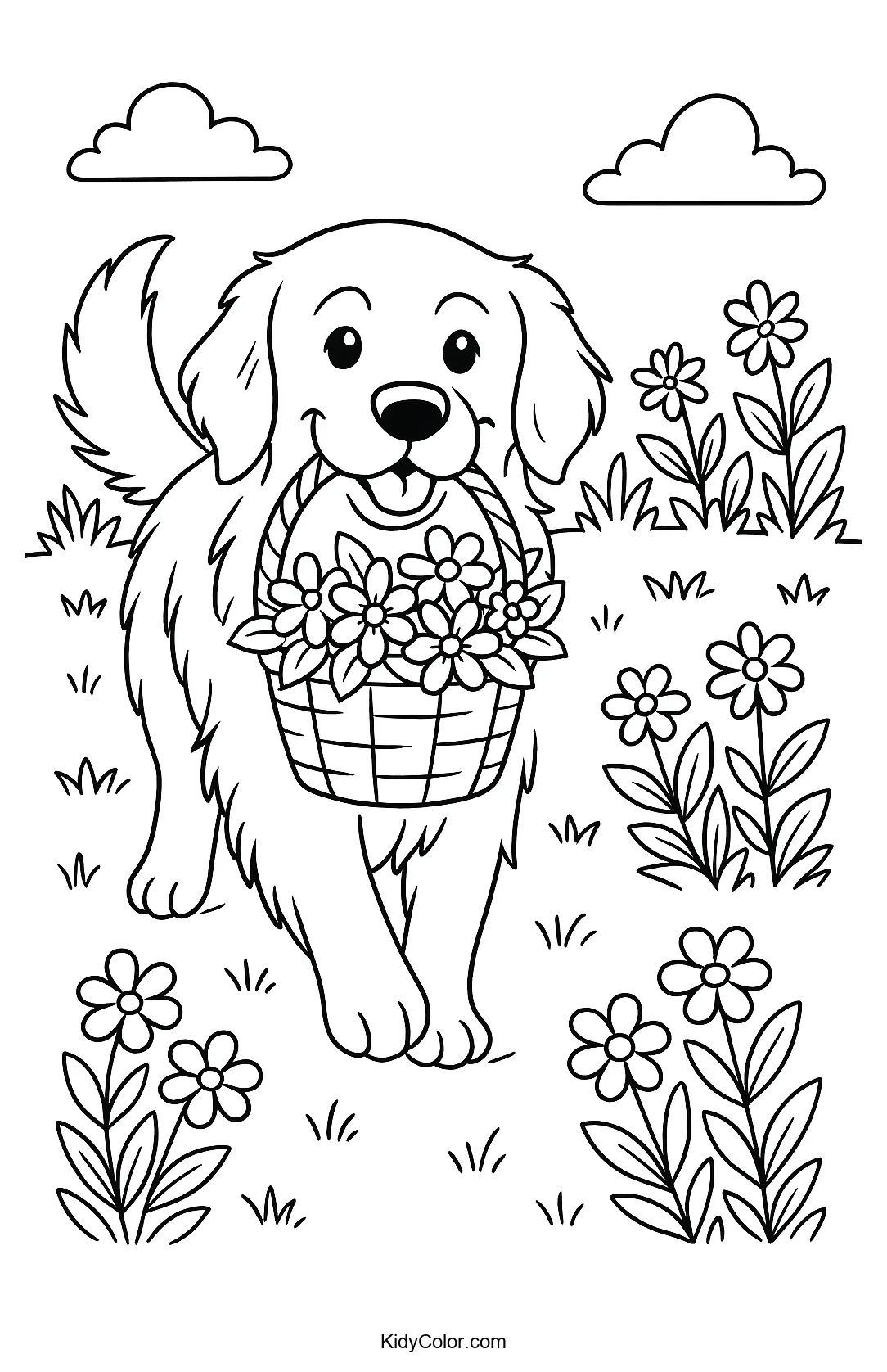 Golden retriever holding a flower basket