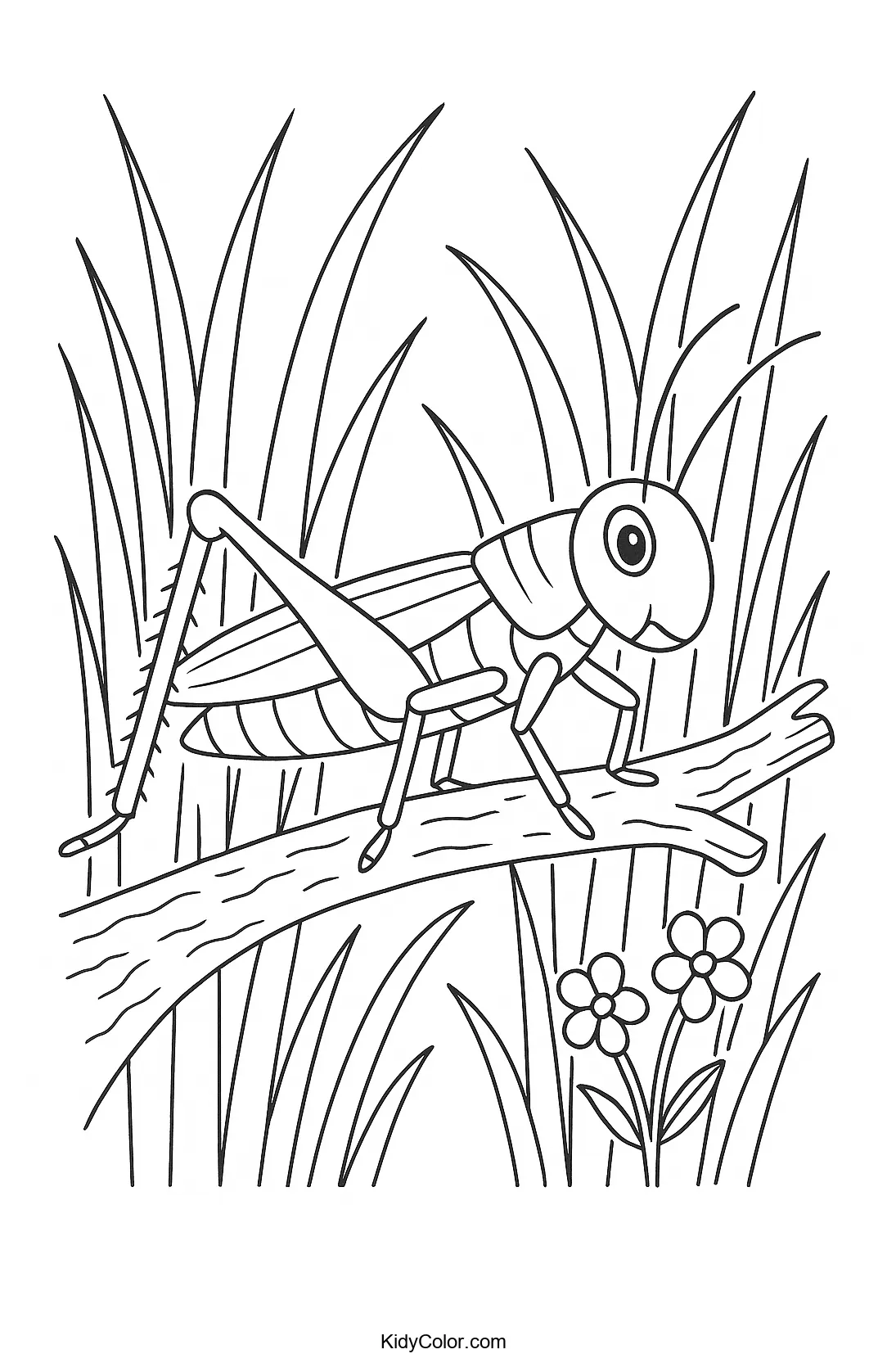 Grasshopper on a Branch with Wildflowers coloring page