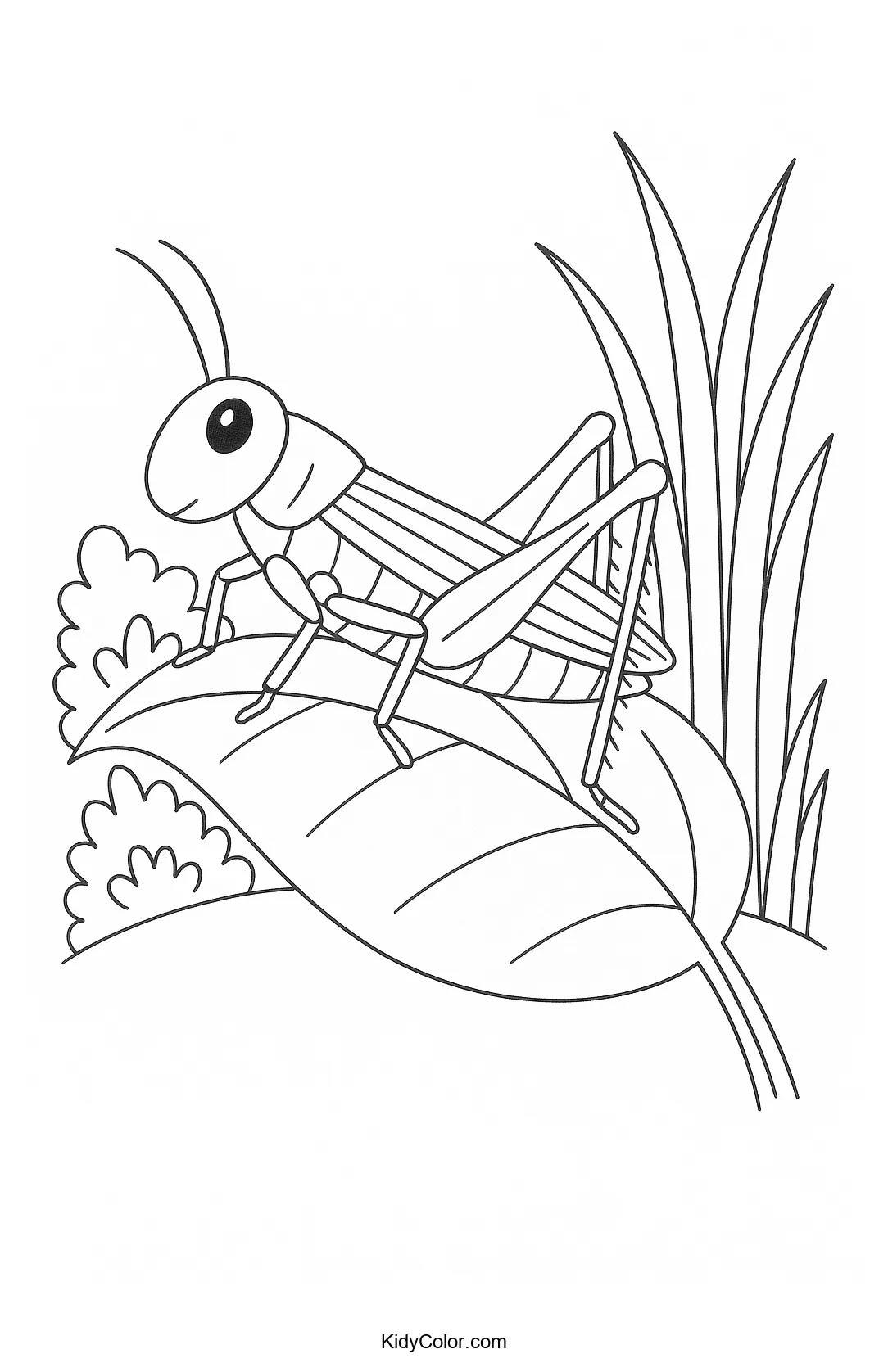 Coloring page of a grasshopper on a leaf