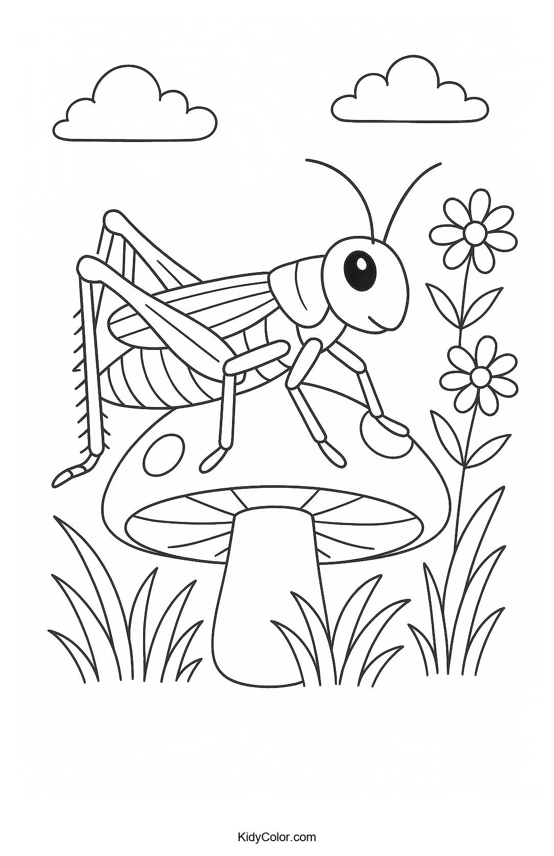 Grasshopper on a toadstool mushroom