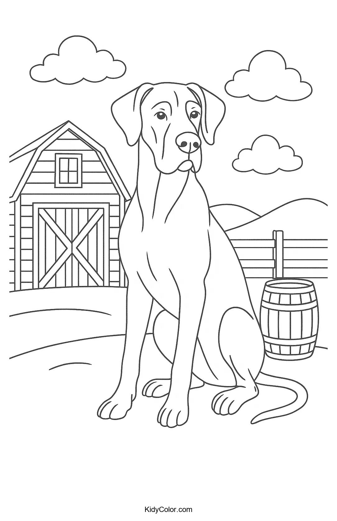 Coloring page of a Great Dane dog on a farm.