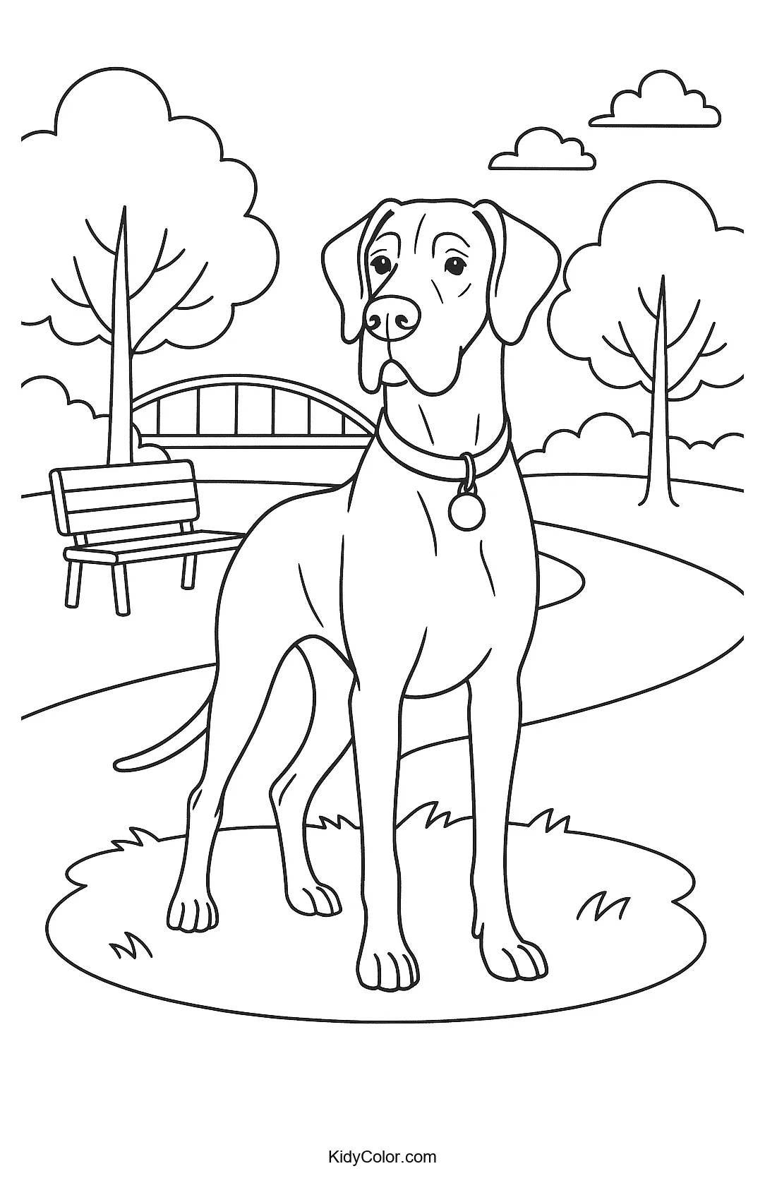 Great Dane standing in a park setting coloring page