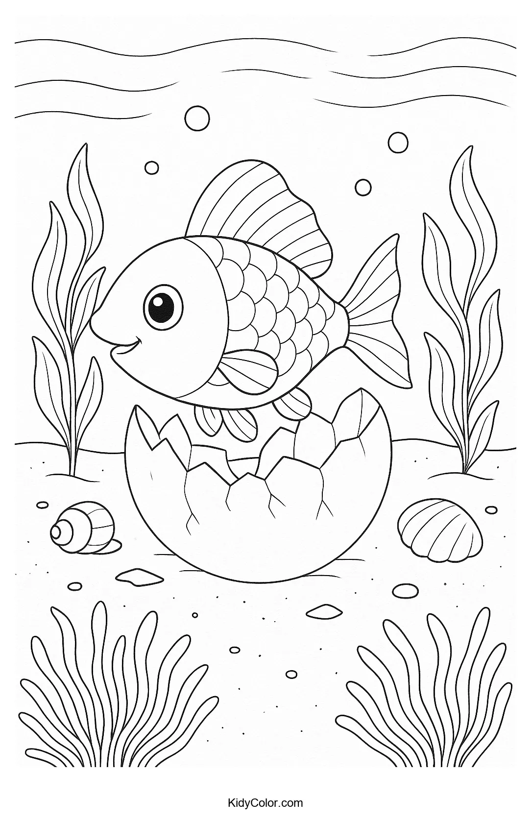 Happy fish emerging from egg coloring page.