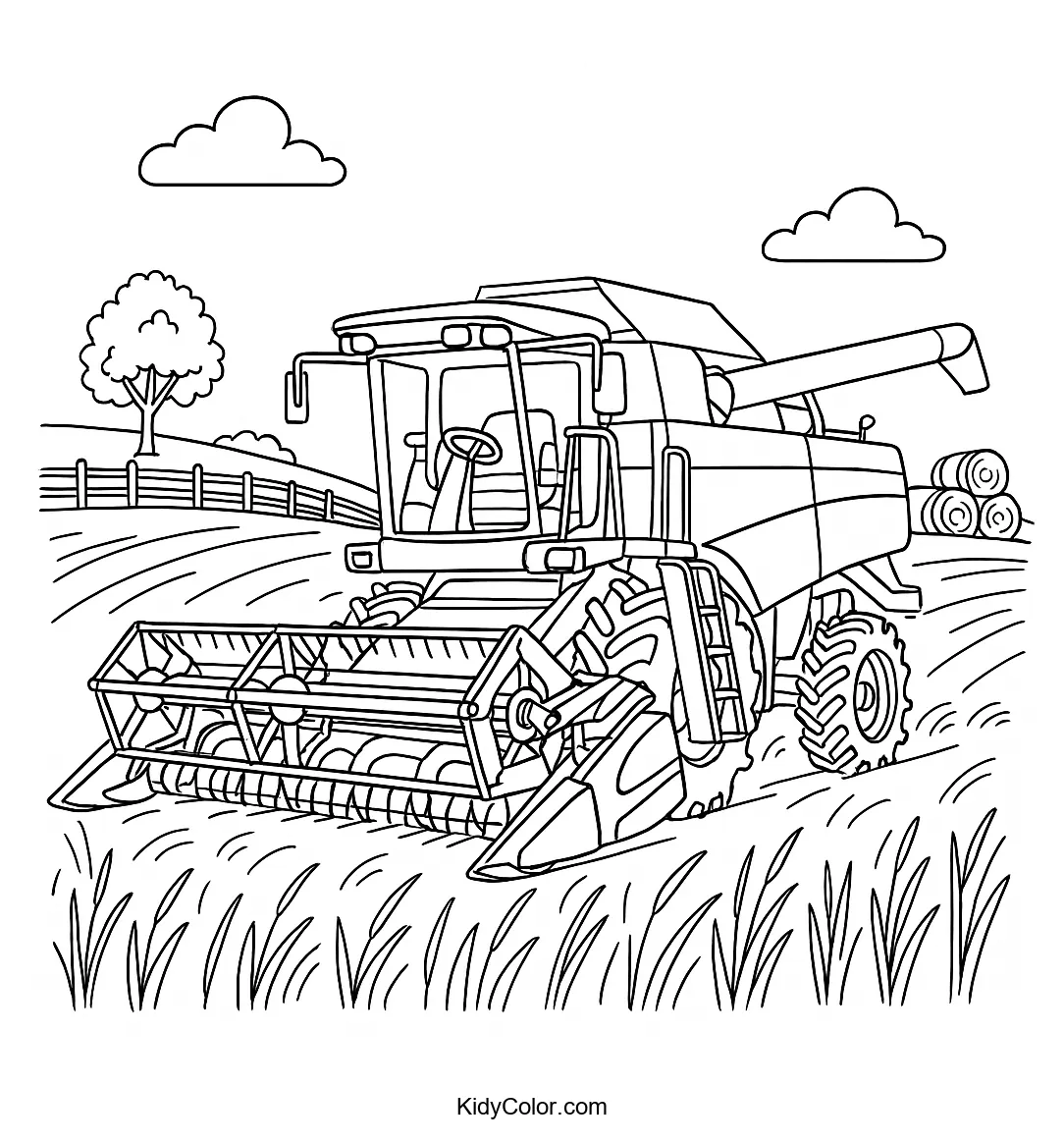 Coloring page of summer field harvesting scene