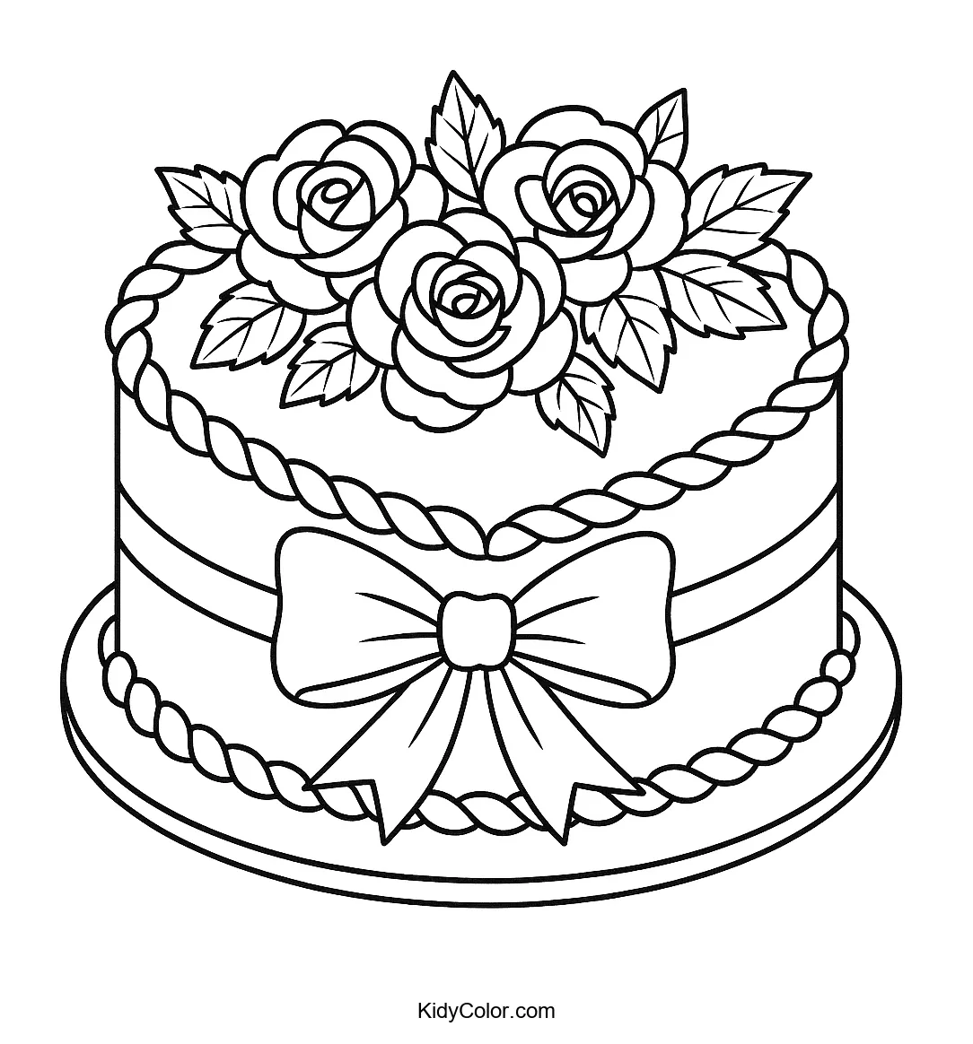 Coloring page of a heart-shaped cake with roses and bow