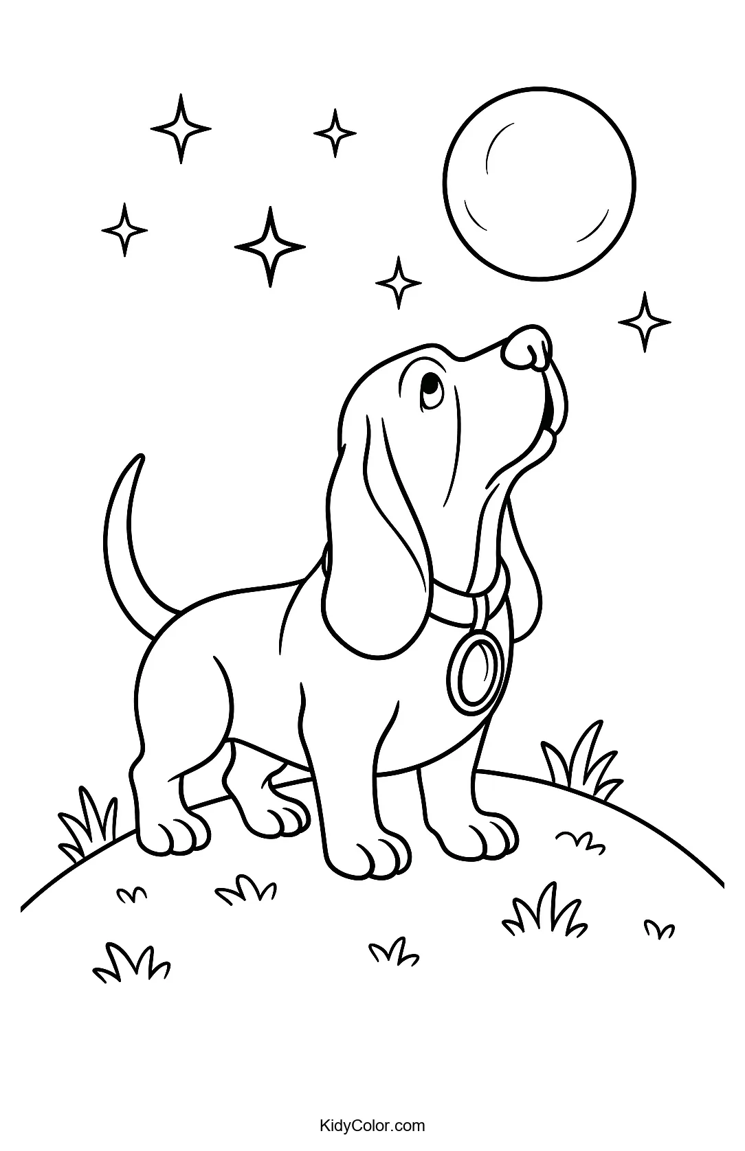 Coloring page of a howling basset hound under a full moon