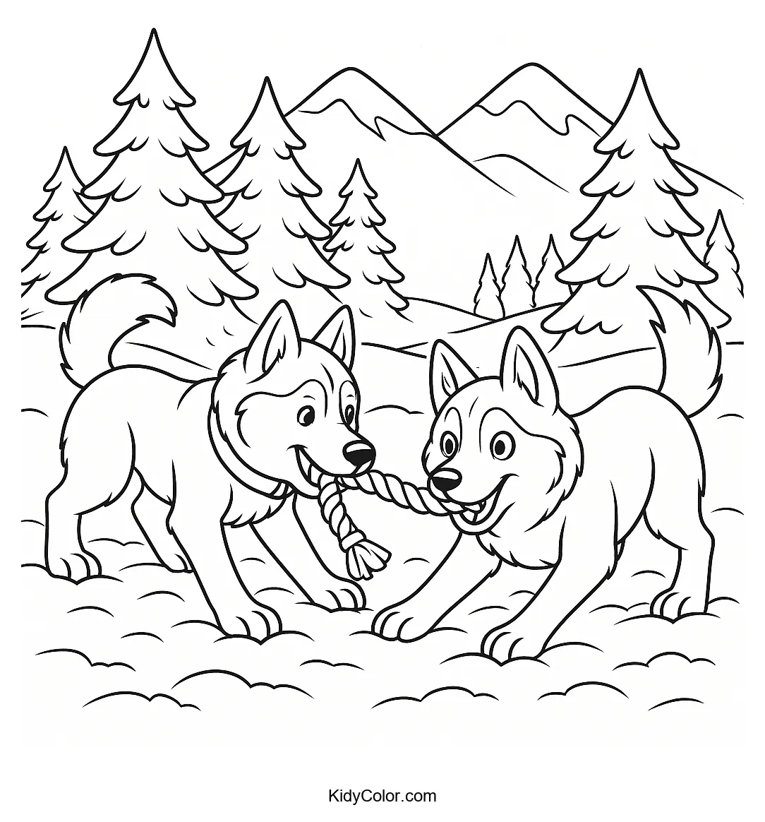 Huskies playing tug-of-war in a snowy wonderland