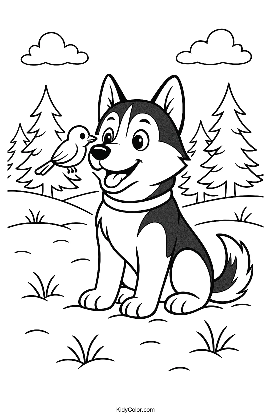 Husky and bird in snowy meadow coloring page