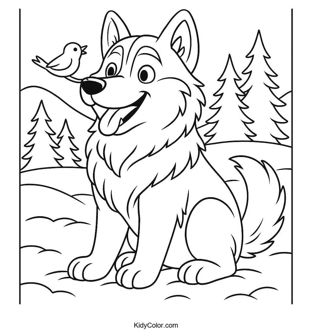 Husky and bird in a winter scene