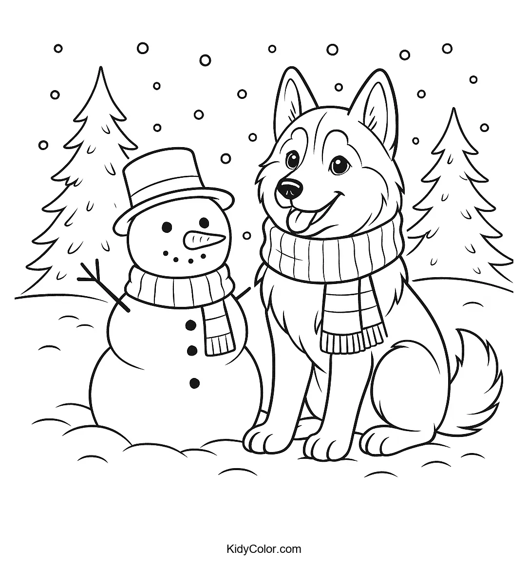 Husky playing with a snowman in a snowy landscape