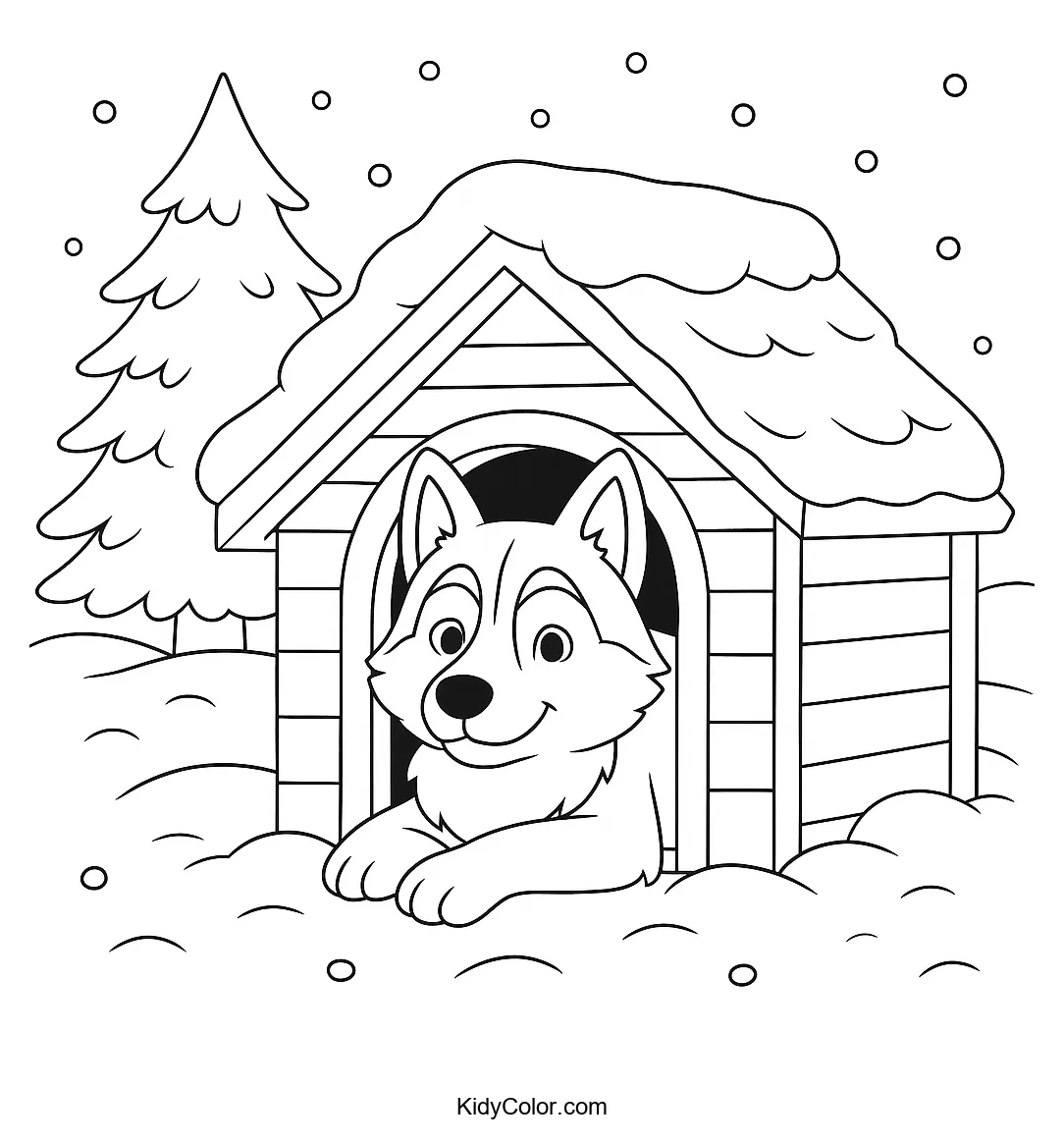 Husky in a snowy doghouse coloring page