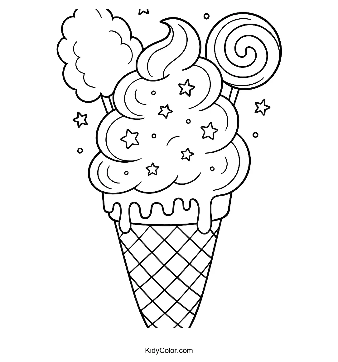 Ice cream coloring page with cones and scoops