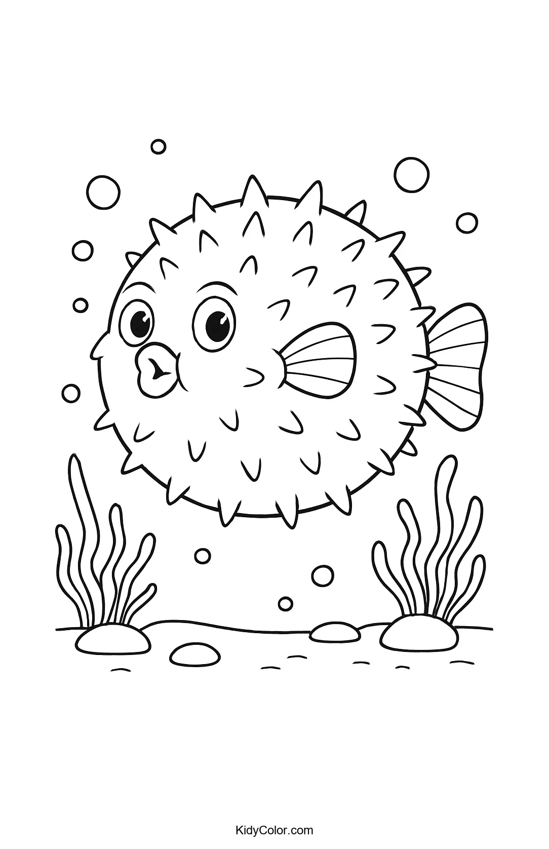 Inflated pufferfish surrounded by bubbles