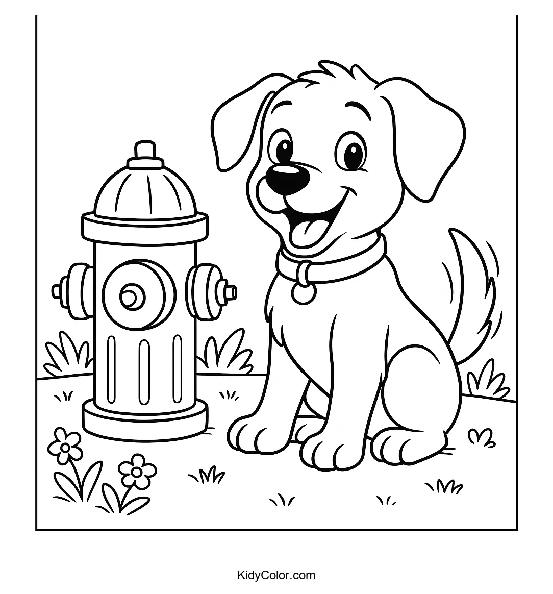 Dog next to a fire hydrant coloring page