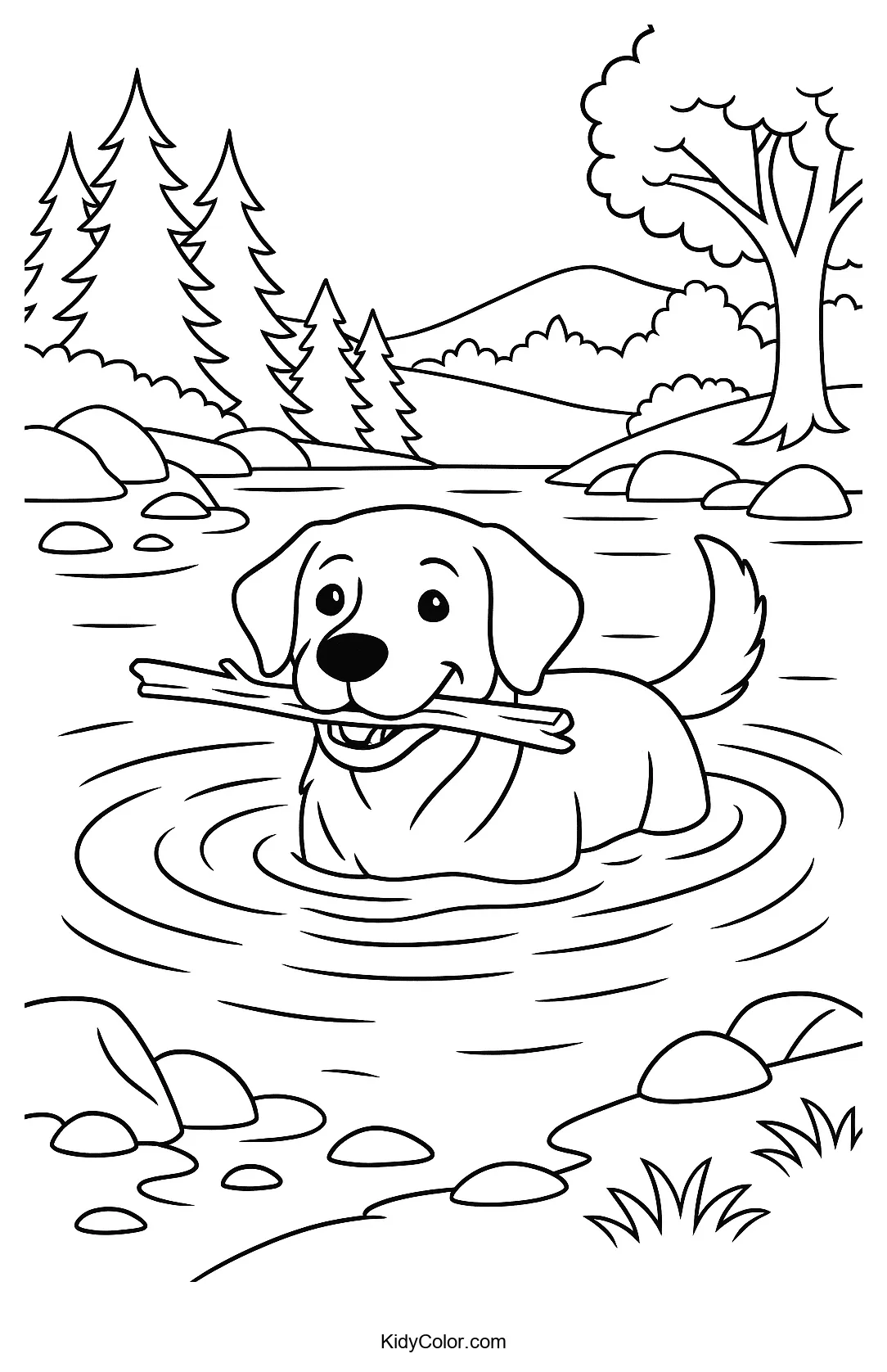 Labrador swimming in a tranquil lake