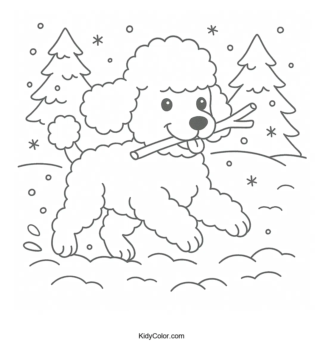 Joyful poodle playing in a snowy landscape