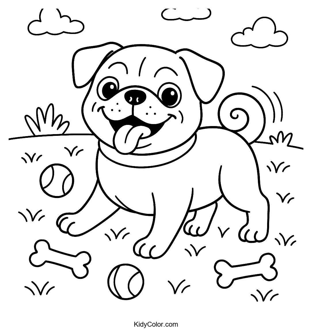 Pug joyfully playing in the yard