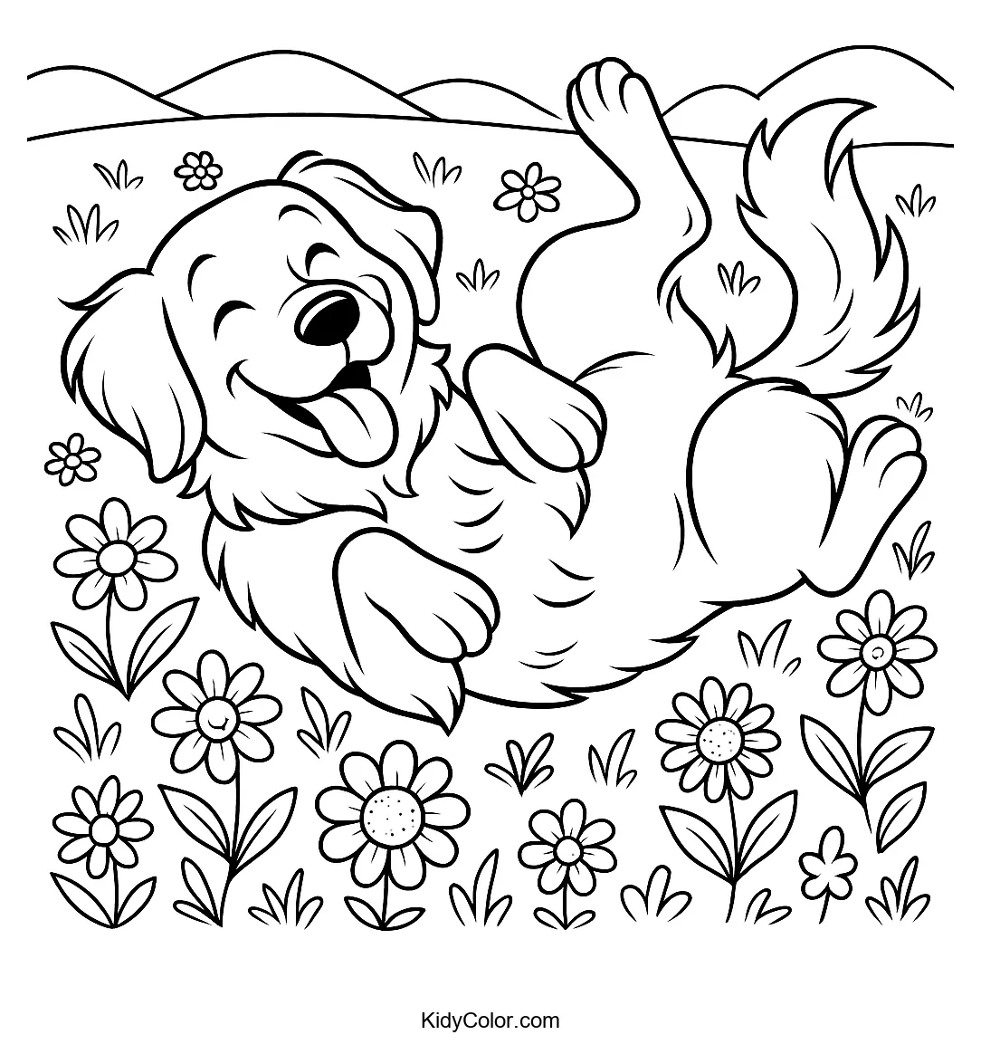 Joyful retriever in flower-filled meadow coloring page