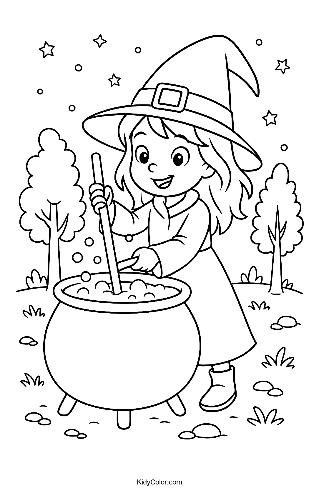 Image of a joyful witch brewing a potion.