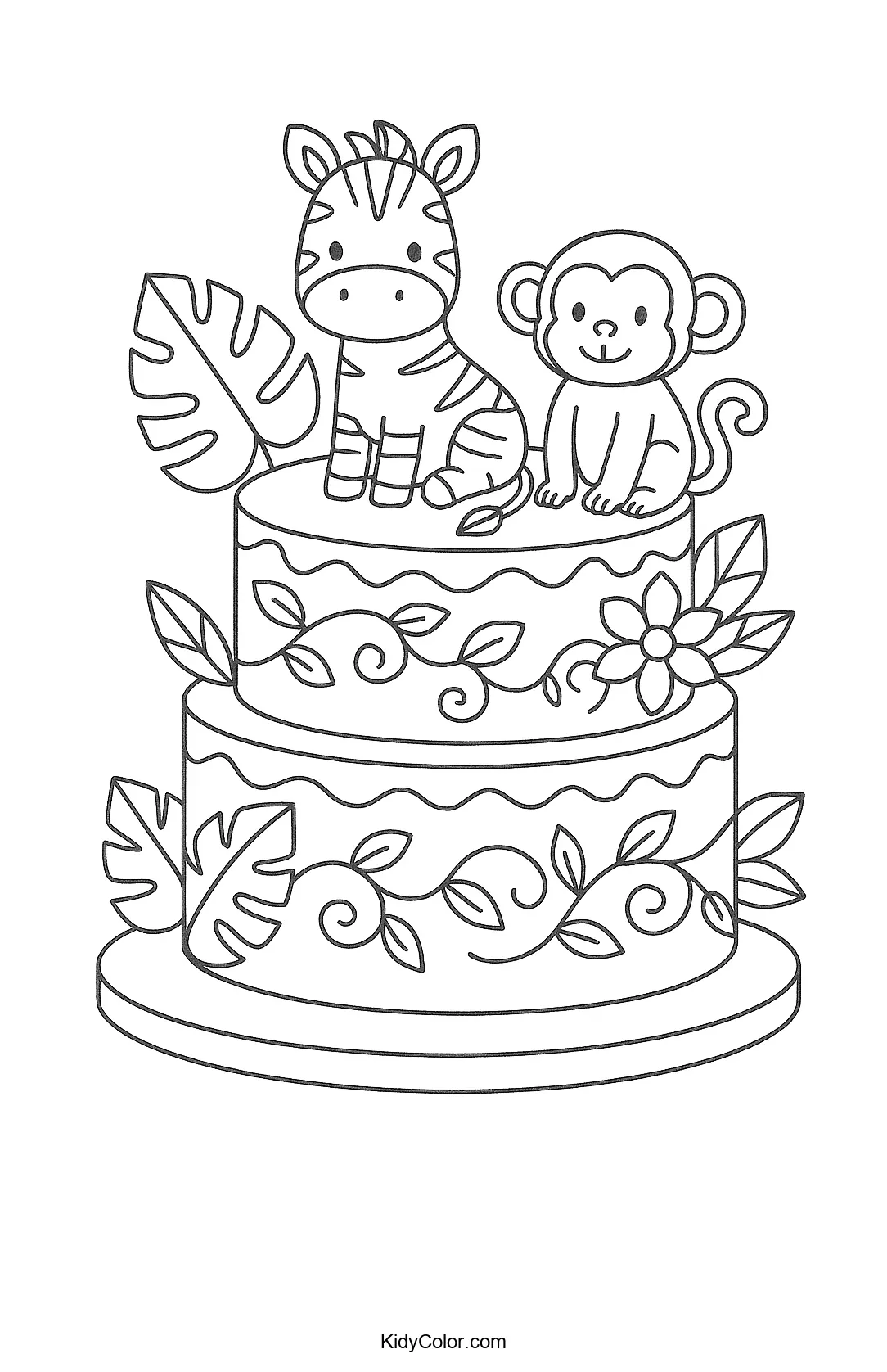 Coloring page of jungle animals with a cake