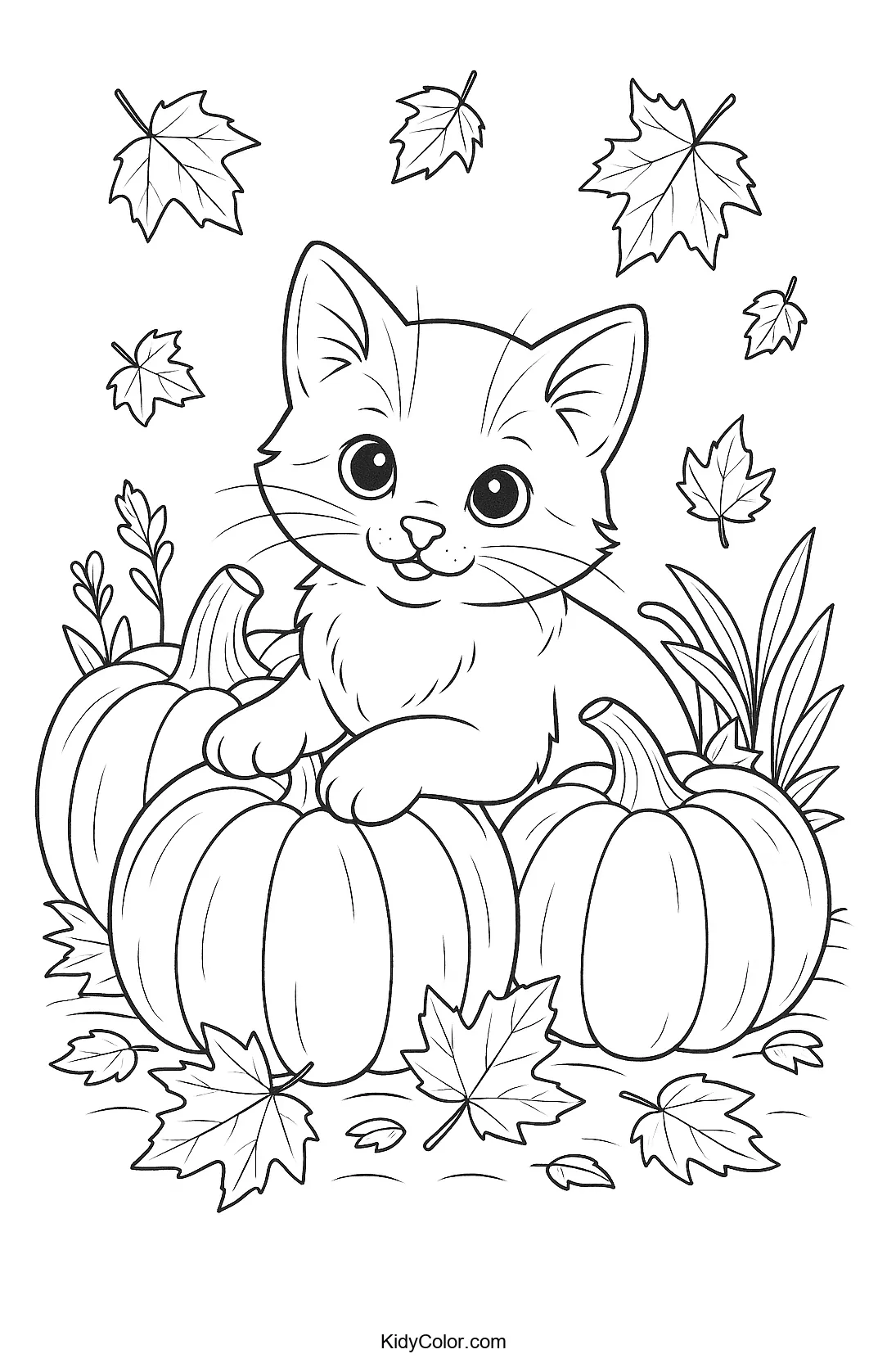 Kitten surrounded by autumn pumpkins