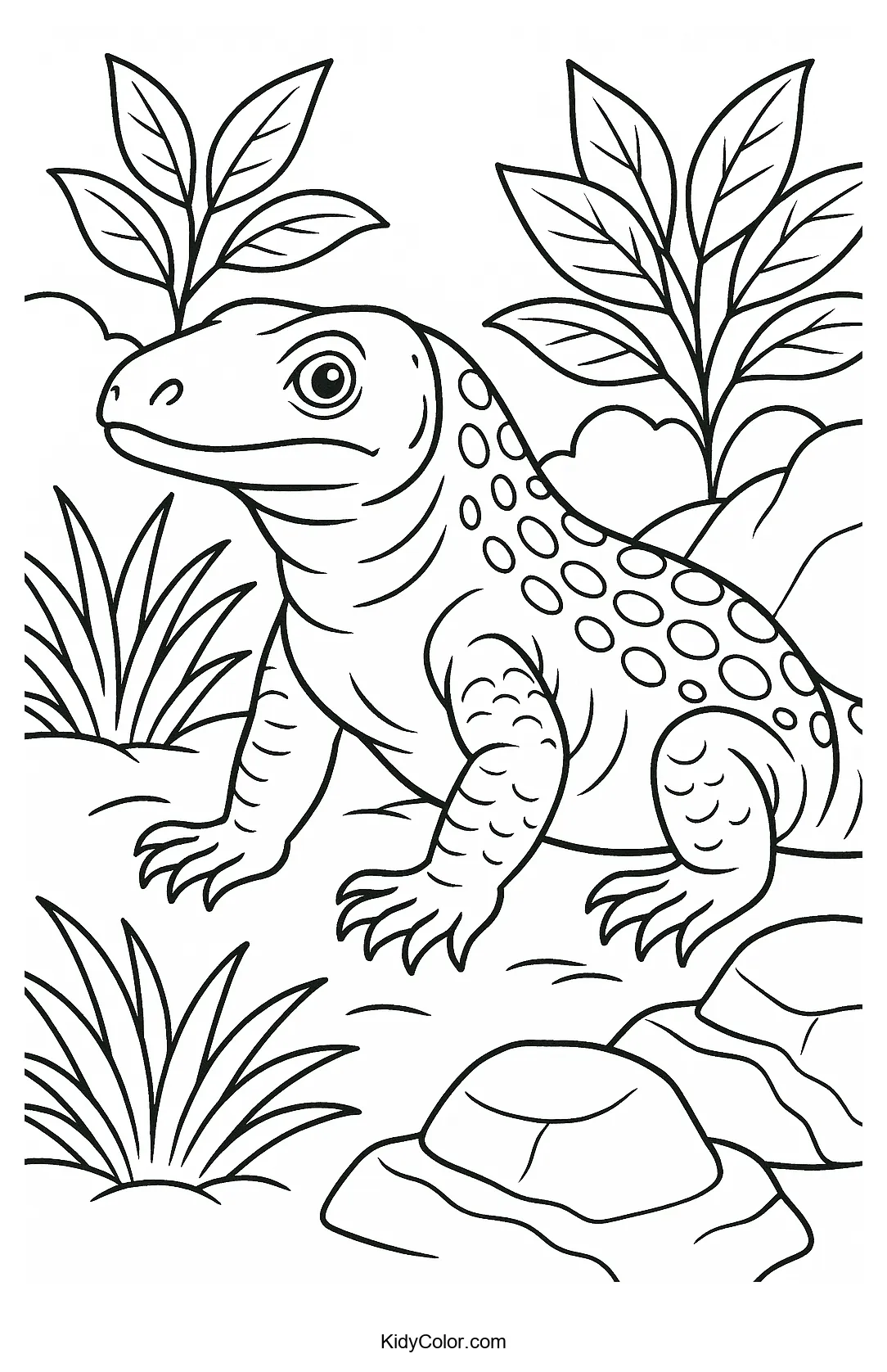Coloring page of a Komodo dragon in the wild.