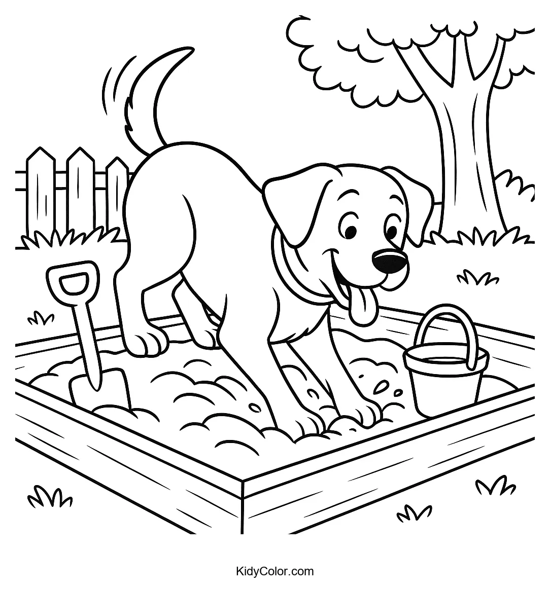 Labrador dog digging in a sandbox
