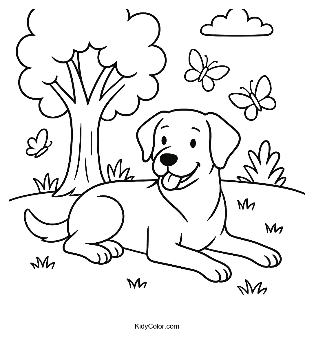 Labrador under a tree with butterflies