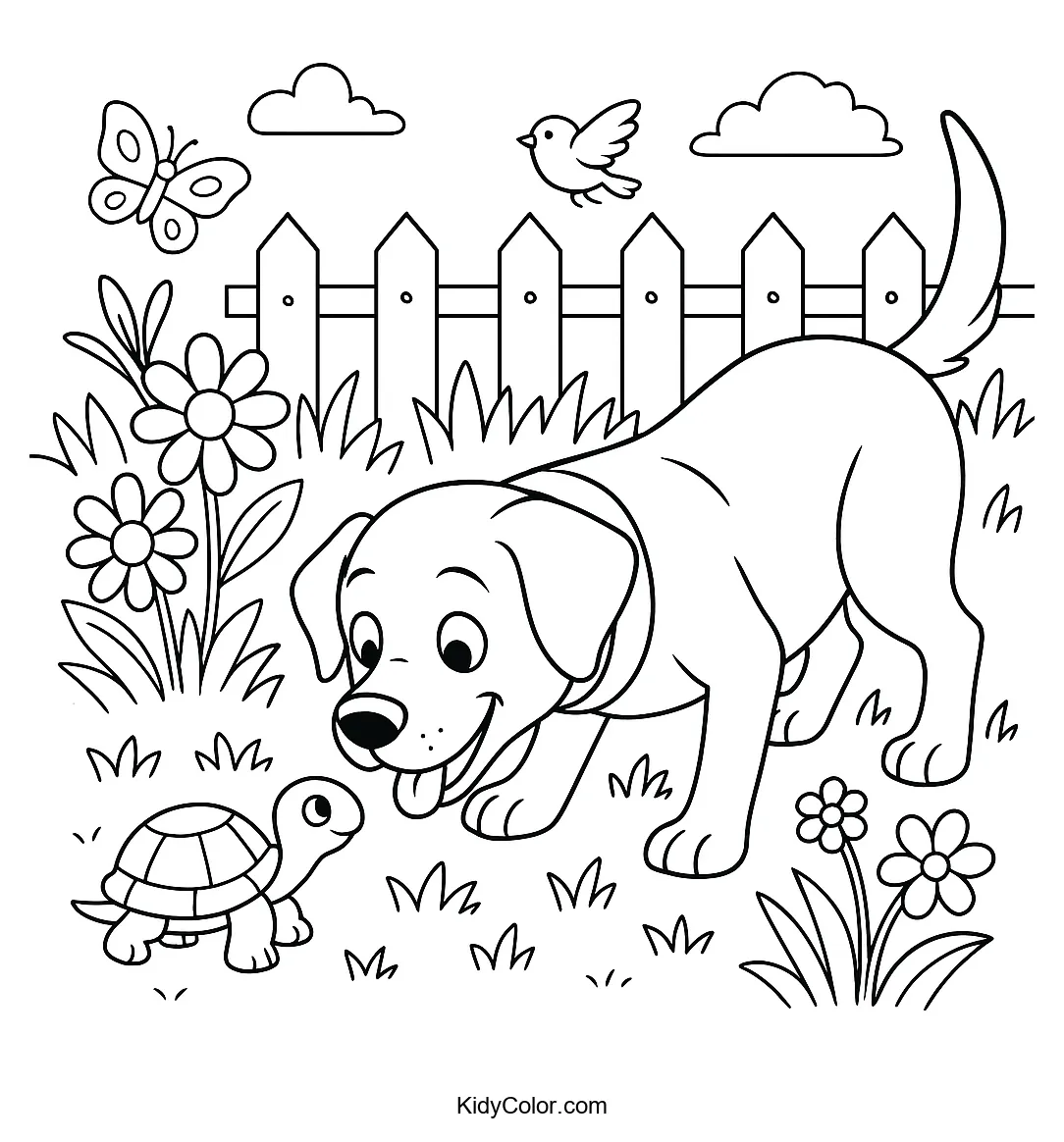 Labrador and turtle in a garden coloring page