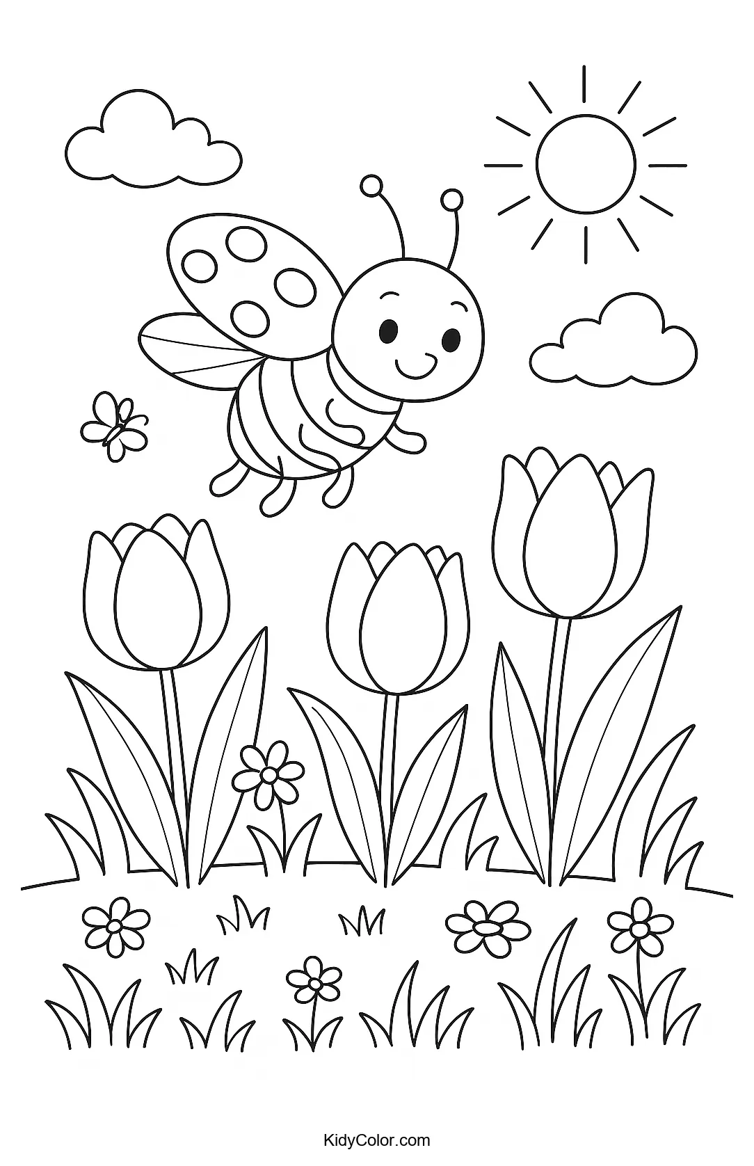 Ladybug above blooming tulips