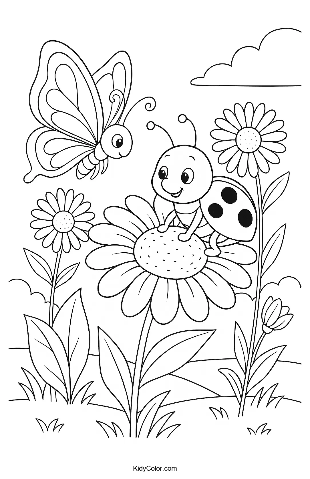 Ladybug and butterfly on a daisy