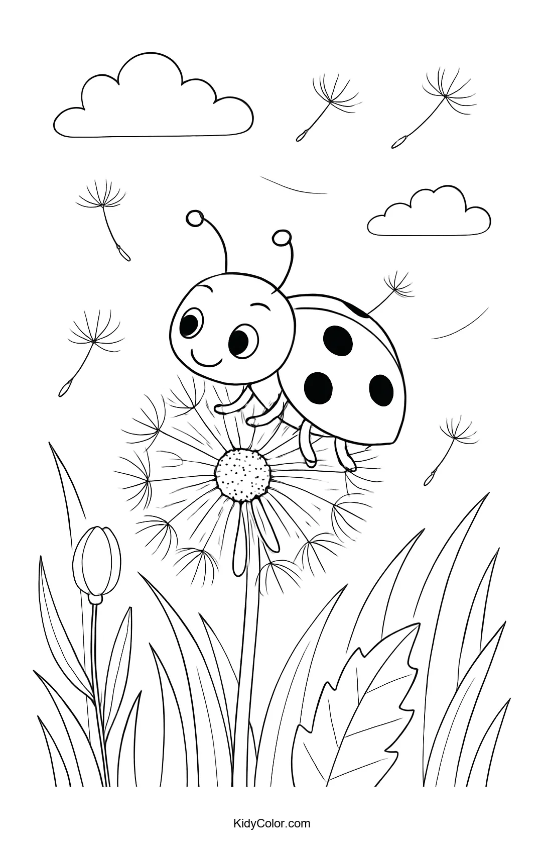 Ladybug on a dandelion seed head coloring page.