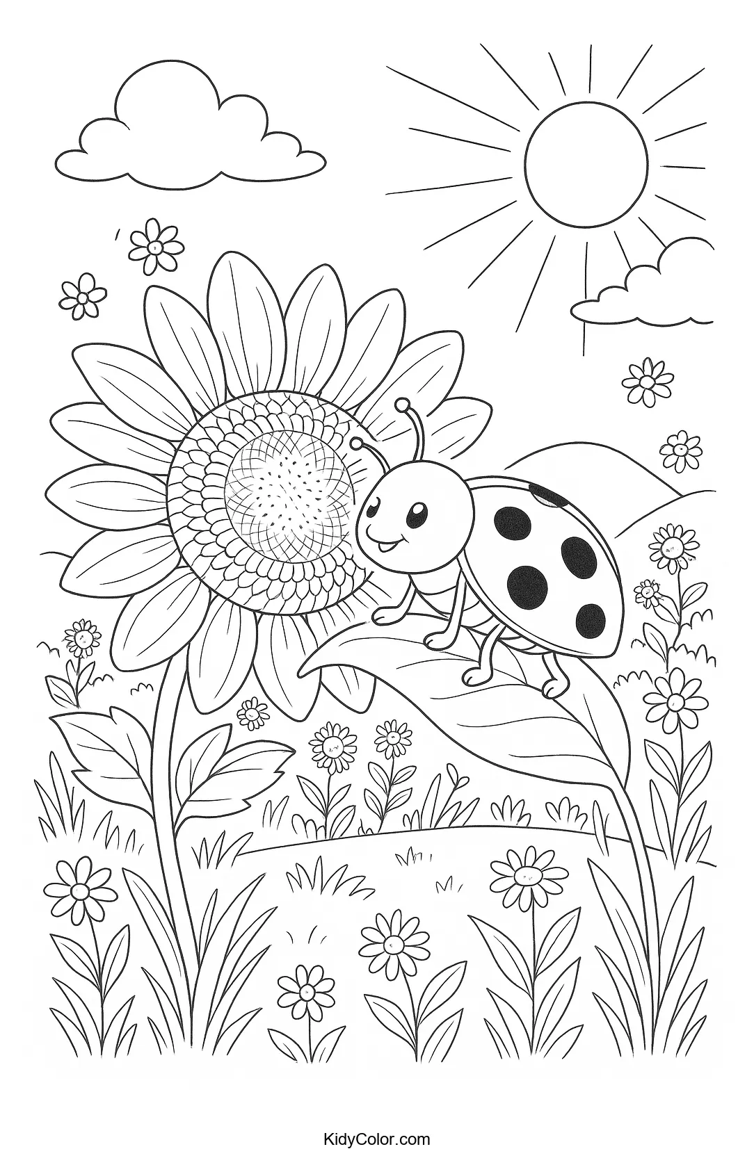 Ladybug on sunflower coloring page