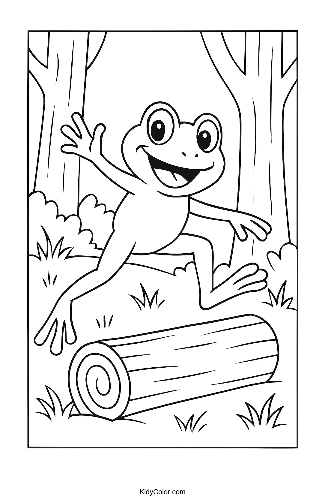 Frog leaping in a forest scene coloring page